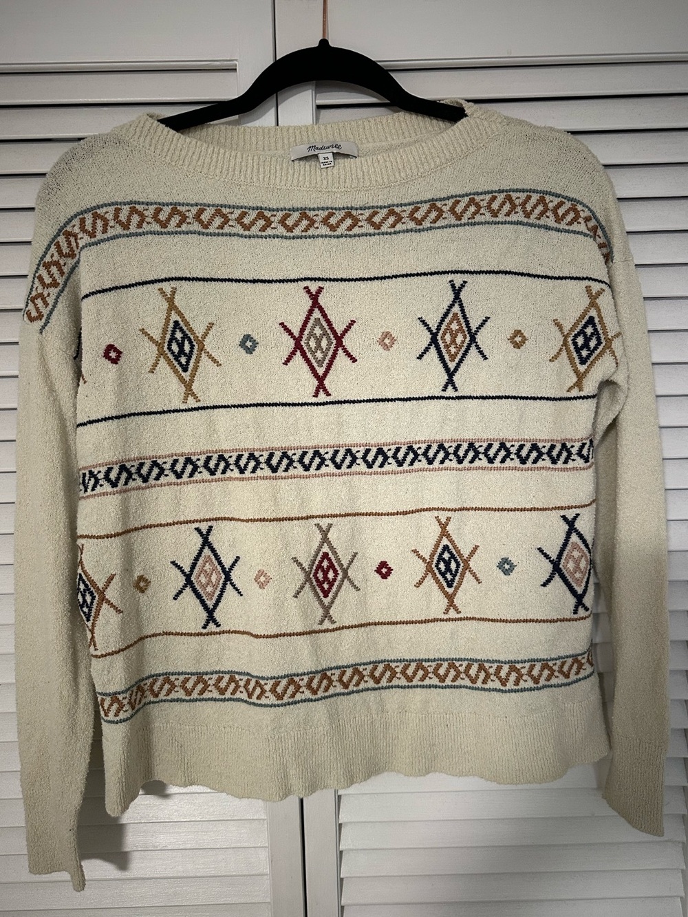 Madewell Cream Crewneck Sweater with Multicolor Geometric Embroidery